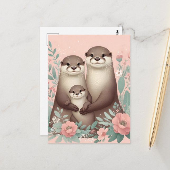 Adorable Otter Boho Pink Mom Dad and Baby Postcard (Front/Back In Situ)