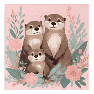 Adorable Otter Boho Pink Rose Mom Dad and Baby Acrylic Print