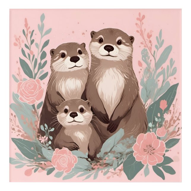 Adorable Otter Boho Pink Rose Mom Dad and Baby Acrylic Print (Front)