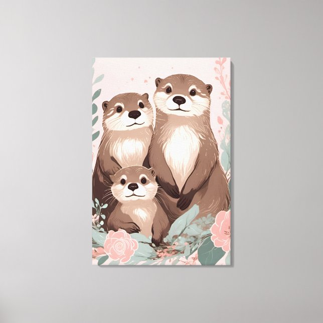 Adorable Otter Boho Pink Rose Mom Dad and Baby Canvas Print (Front)