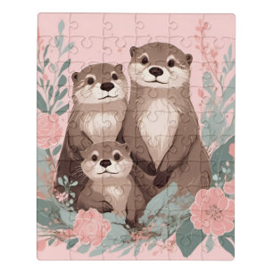 Adorable Otter Boho Pink Rose Mom Dad and Baby Jigsaw Puzzle