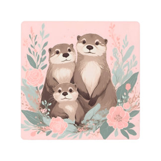 Adorable Otter Boho Pink Rose Mom Dad and Baby Metal Print