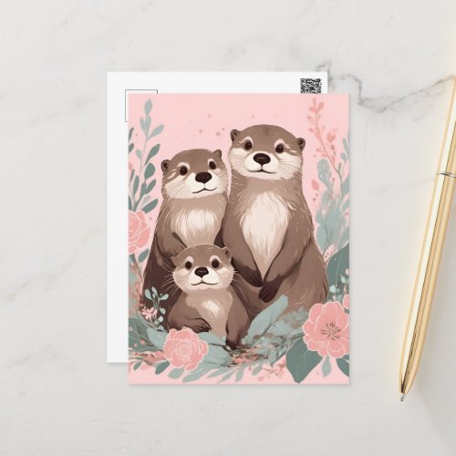 Adorable Otter Boho Pink Rose Mom Dad and Baby Postcard