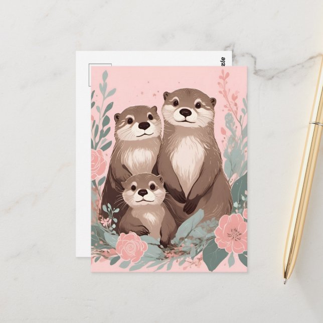 Adorable Otter Boho Pink Rose Mom Dad and Baby Postcard (Front/Back In Situ)