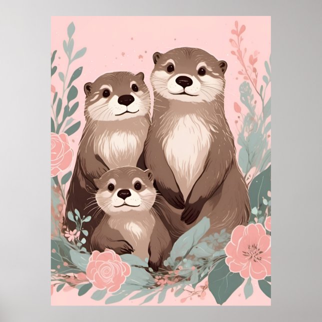 Adorable Otter Boho Pink Rose Mom Dad and Baby Poster (Front)