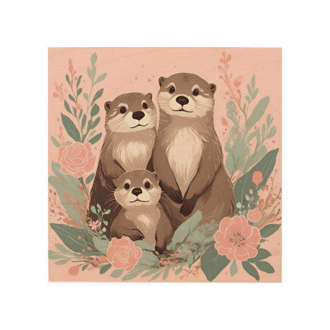 Adorable Otter Boho Pink Rose Mom Dad and Baby Wood Wall Art (Front)