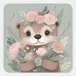 Adorable Otter Boho Watercolor Square Sticker