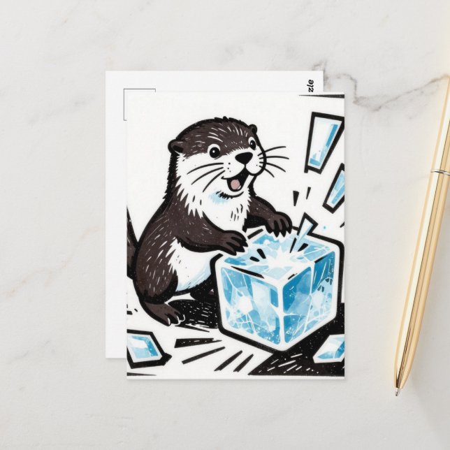 Adorable otter breaking an ice block  postcard (Front/Back In Situ)