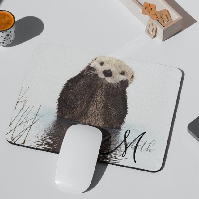Adorable Otter Cute Personalized Monogram Mouse Pad (Creator Uploaded)