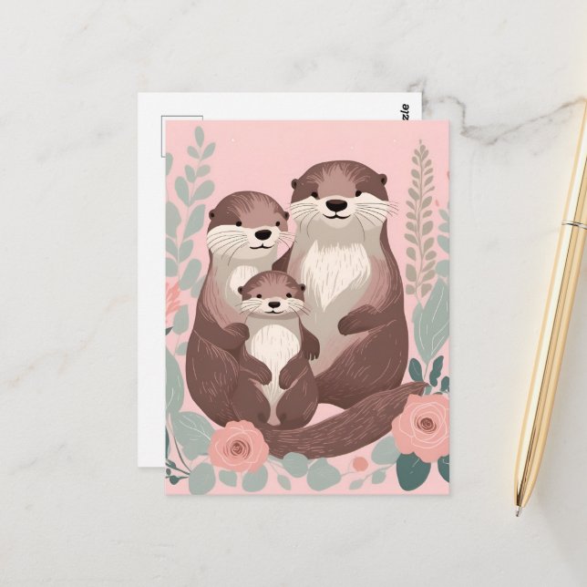 Adorable Otter Family Postcard (Front/Back In Situ)