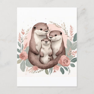 Adorable Otter Family  Sage and Dusty Rose Boho Postcard