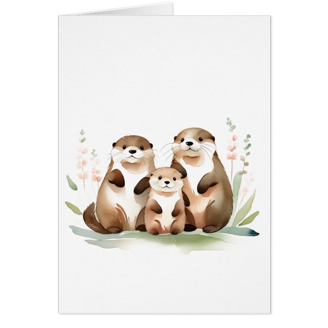 Adorable Otter Family With Flowers All Occasions Cards (Front)