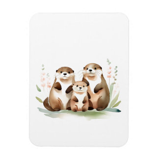 Adorable Otter Family With Flowers Magnet
