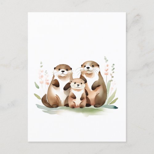 Adorable Otter Family With Flowers  Postcard