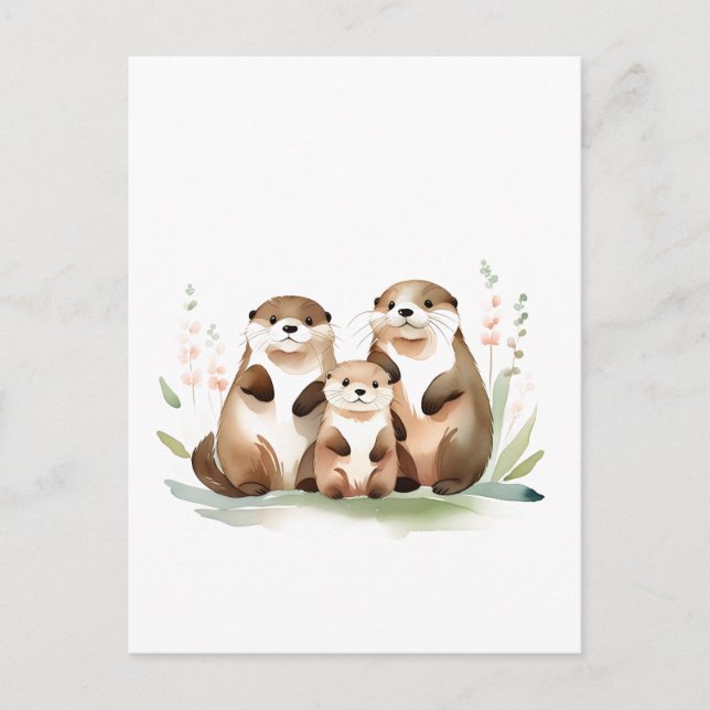 Adorable Otter Family With Flowers  Postcard (Front)