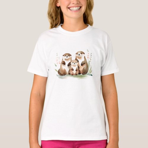 Adorable Otter Family With Flowers T_Shirt