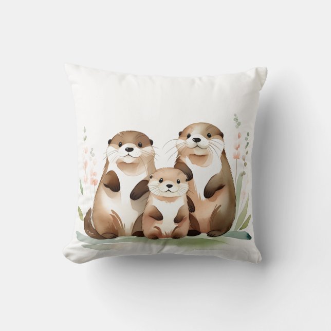 Adorable Otter Family With Flowers Throw Pillow (Front)