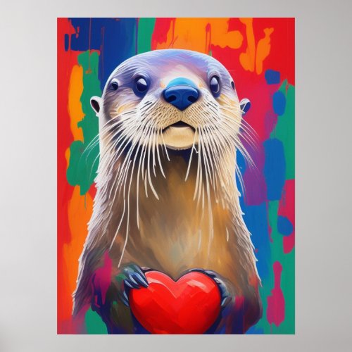 Adorable Otter Holding Red Heart Valentines Day Poster