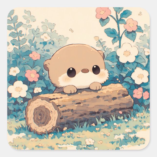 Adorable Otter Resting on Hollow Log Square Sticker (Front)