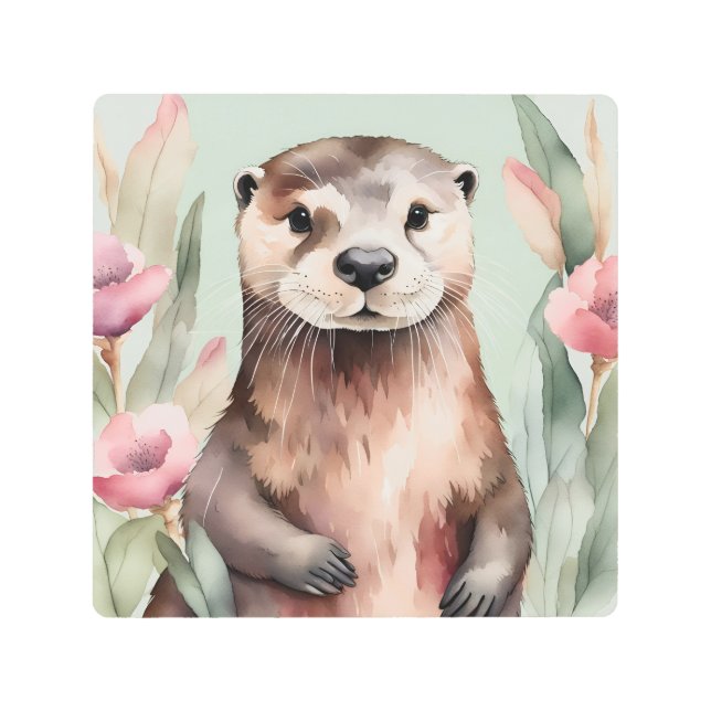 Adorable Otter Watercolor Metal Print (Front)