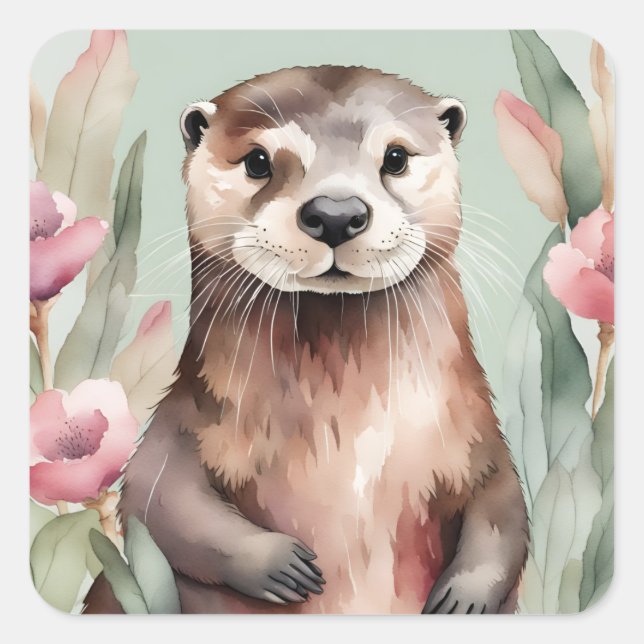 Adorable Otter Watercolor Square Sticker (Front)