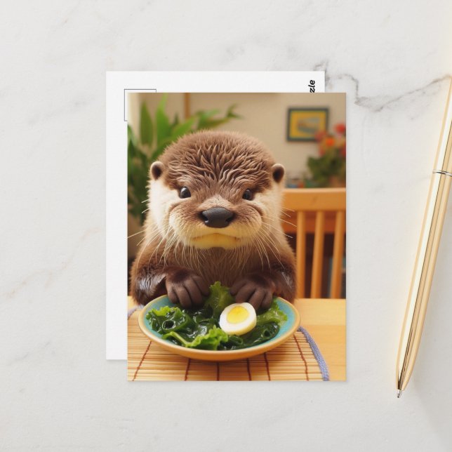 Adorable Otter With a Salad Postcard (Front/Back In Situ)