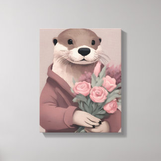 Adorable Otter With Flowers Canvas Print