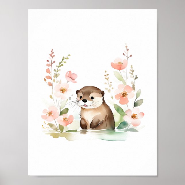 Adorable Otter With Flowers Framed Art (Front)