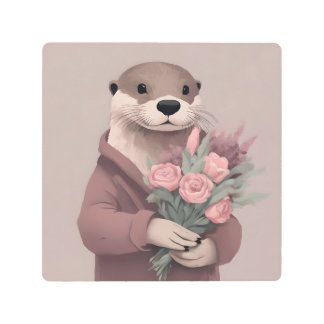 Adorable Otter With Flowers Metal Print