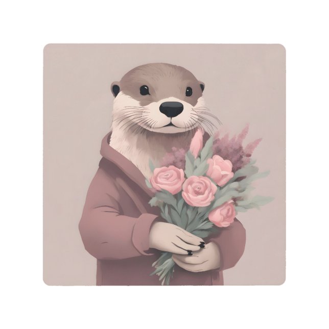 Adorable Otter With Flowers Metal Print (Front)