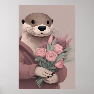 Adorable Otter With Flowers Poster