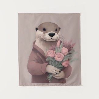 Adorable Otter With Flowers Tapestry