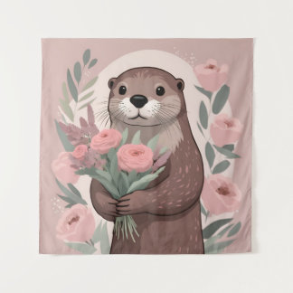 Adorable Otter With Flowers Tapestry