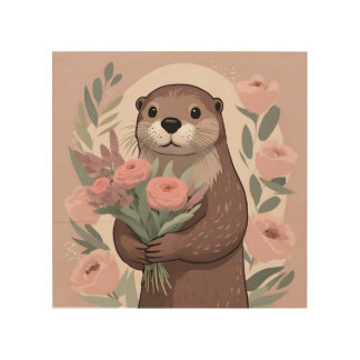 Adorable Otter With Flowers Wood Wall Art