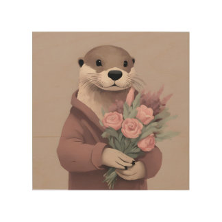 Adorable Otter With Flowers Wood Wall Art