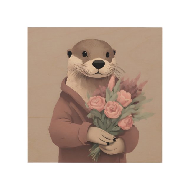 Adorable Otter With Flowers Wood Wall Art (Front)