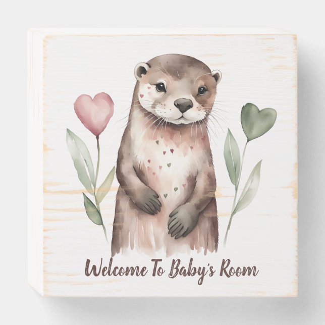 Adorable Otter With Heart Flowers Babys Room Wooden Box Sign (Front Horizontal)