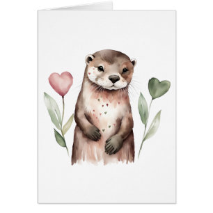 Adorable Otter With Heart Flowers Cards