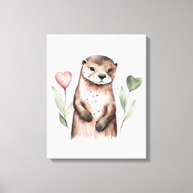 Adorable Otter With Heart Plants Canvas Print (Front)