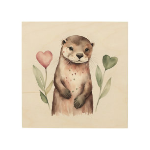 Adorable Otter With Heart Plants Wood Wall Art