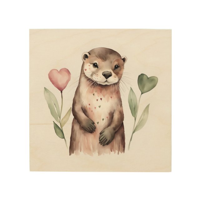 Adorable Otter With Heart Plants Wood Wall Art (Front)