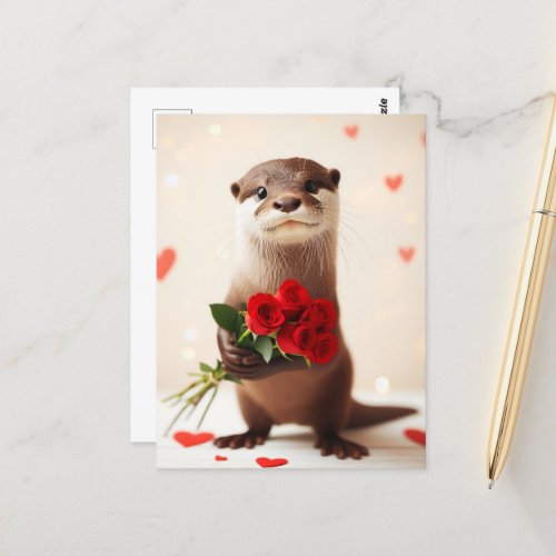 Adorable Otter With Red Roses Postcard