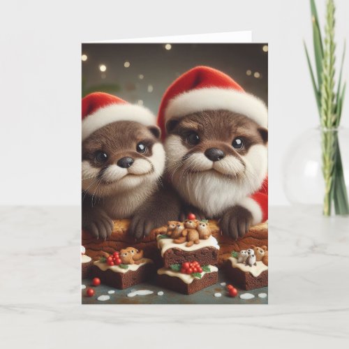 Adorable Otters with Christmas Brownies Card