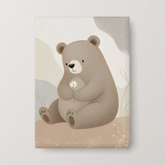 Adorable Ours Brun à la Marguerite - Aquarelle Button