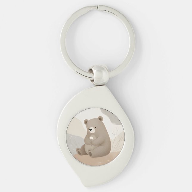 Adorable Ours Brun à la Marguerite - Aquarelle Keychain (Front)