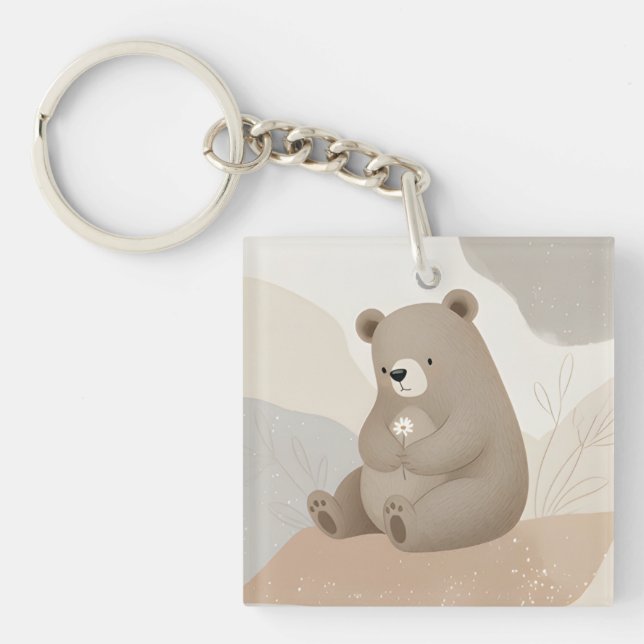 Adorable Ours Brun à la Marguerite - Aquarelle Keychain (Front)