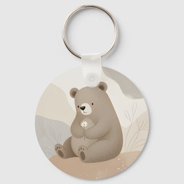 Adorable Ours Brun à la Marguerite - Aquarelle Keychain (Front)