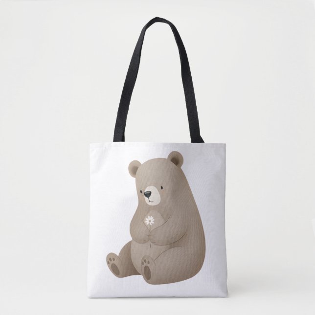 Adorable Ours Brun à la Marguerite - Aquarelle Tote Bag (Front)
