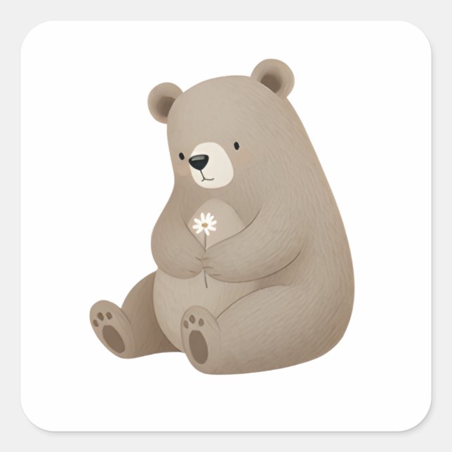 Adorable Ours Brun à la Marguerite – Illustration  Square Sticker (Front)