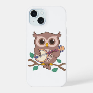 Adorable Owl Bird Playing Banjo Cartoon iPhone 15 Case